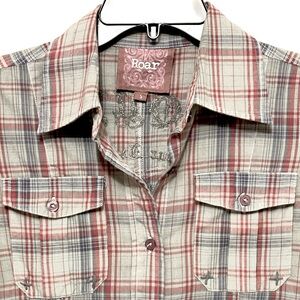 Roar Plaid Button-Up Shirt Olive & Maroon Rock Goth Smalll